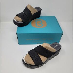 Bzees Riviera Machine Washable Wedge Sandals Slip On Black Rhinestone Sz 7.5 W